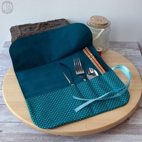 Grand étui à couverts - Piselli Canard + Pétrole + ruban Lagon