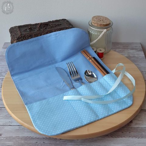 Grand étui à couverts - Piselli Ciel + Glacier + ruban Menthe