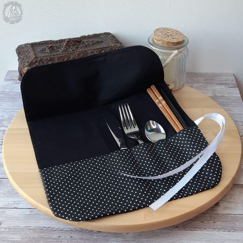 Grand étui à couverts - Piselli Noir + Noir + ruban Blanc