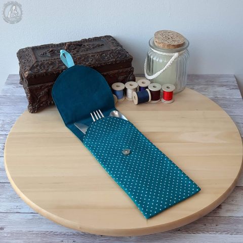 Petit étui à couverts - Piselli Canard + Pétrole + ruban Lagon