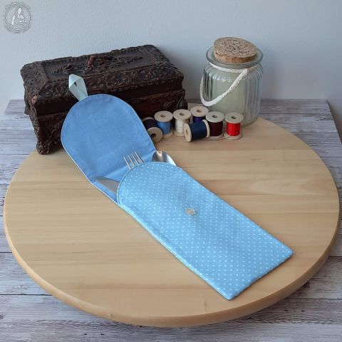 Petit étui à couverts - Piselli Ciel + Glacier + ruban Menthe